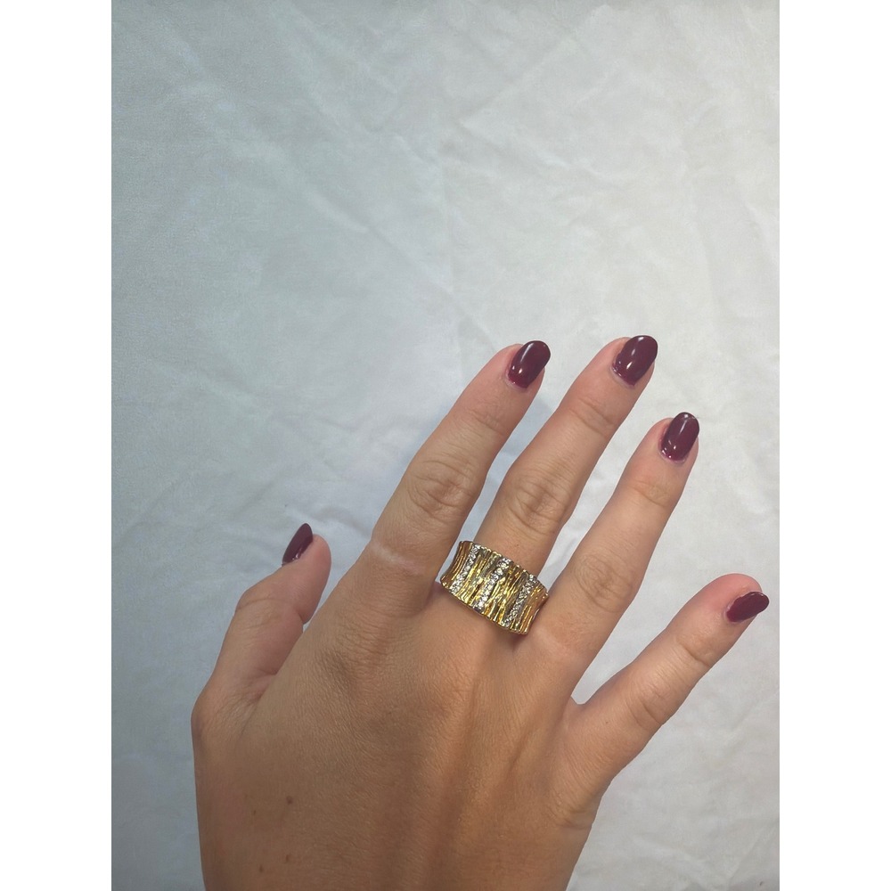 Gold Tone Textured Wide Band Cocktail Ring with Crystal Accents Ribbed Design